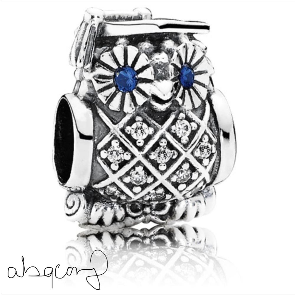 EUC Pandora 791502NSB Sterling Silver Graduate Owl Education Charm w/ Blue Eyes
